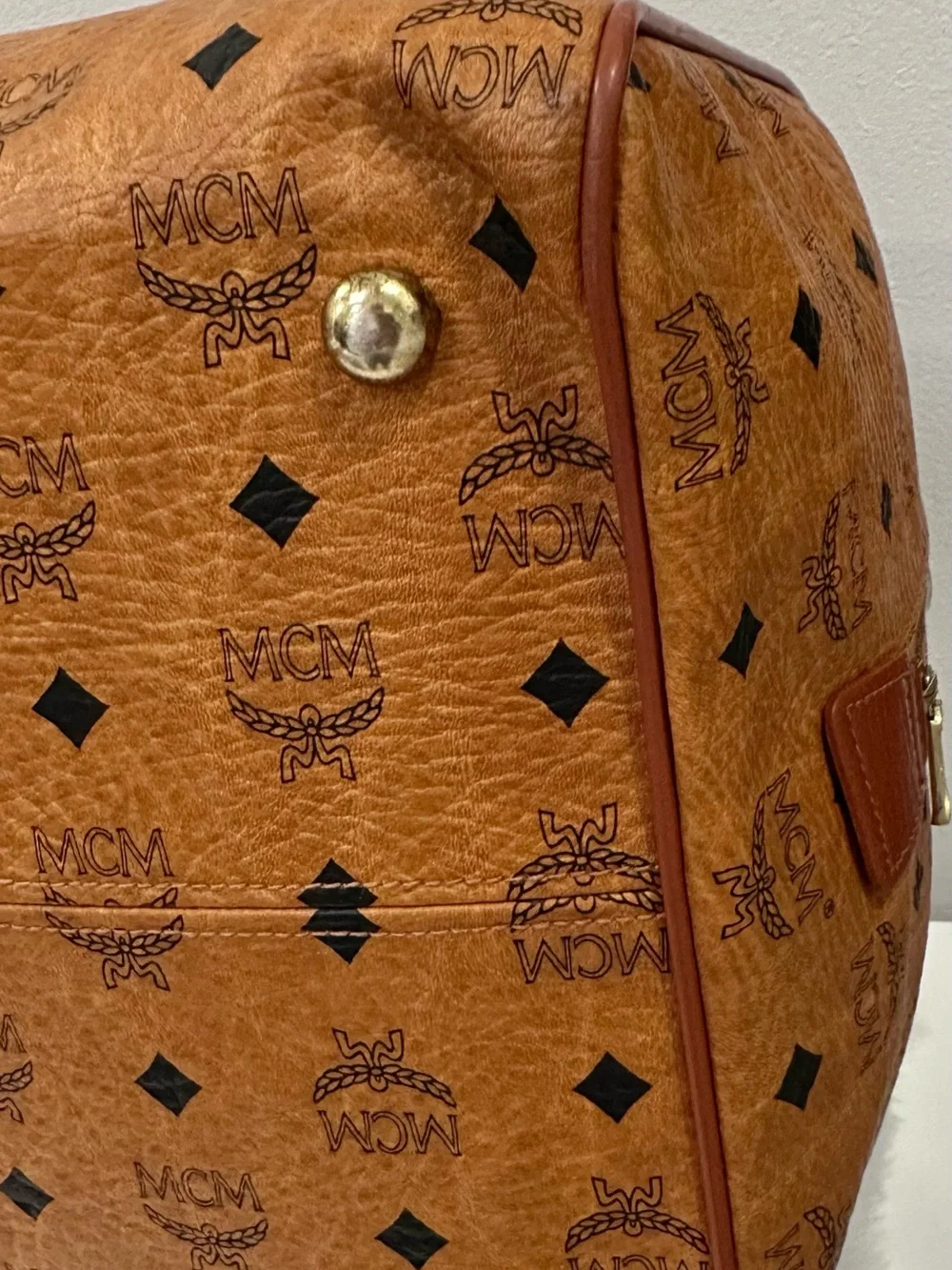 MCM Tan Cognac Monogram Duffel with Brown Leather Handles